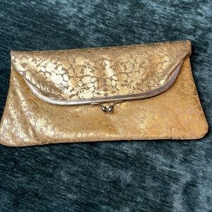 Vintage Gold Brocade Clutch Purse with Floral Design